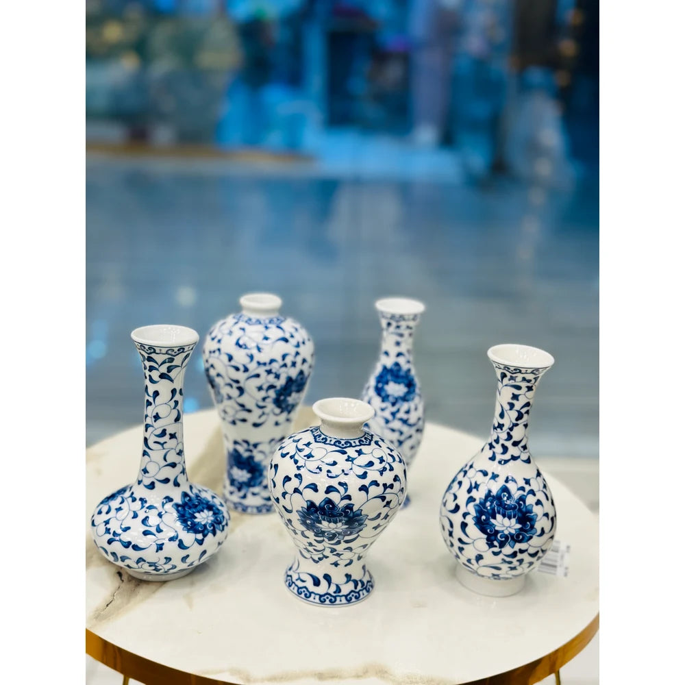 Antique Blue & White Ceramic Miniature Bud Vases (Set of 5)