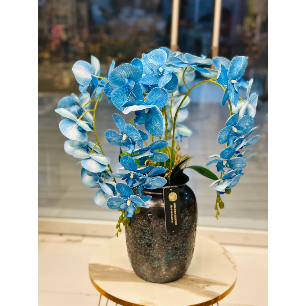 Royal Blue Orchid Floral Arrangement in Textured Ceramic Vase