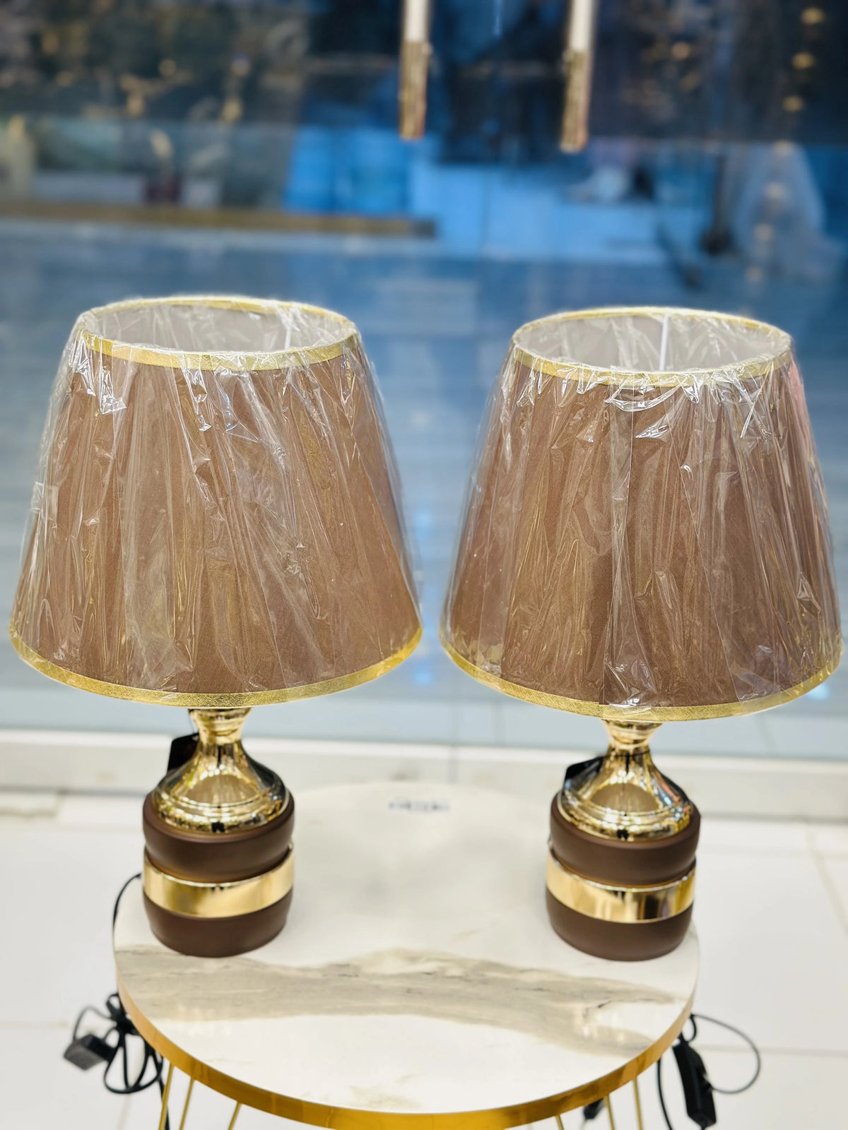 Pair of Contemporary Espresso Ceramic & Polished Gold Table Lamps
