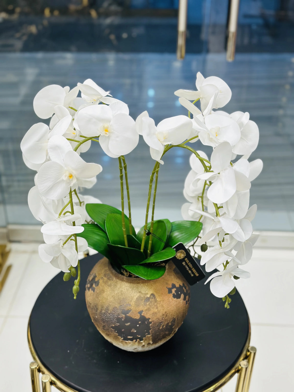 Luxury Artificial White Phalaenopsis Orchid in Antique Gold Ceramic Pot