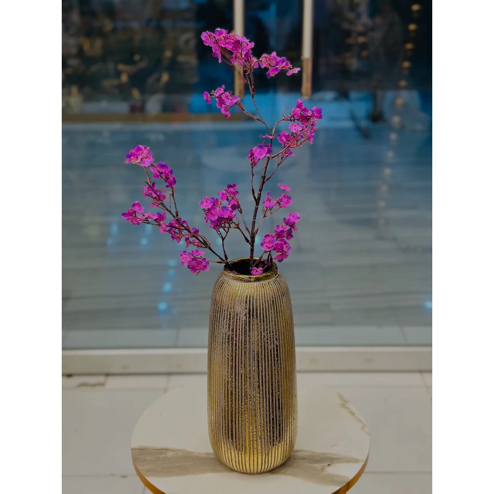 Elegant Pink Cherry Blossom Floral Arrangement in Ribbed Gold Ceramic Vase