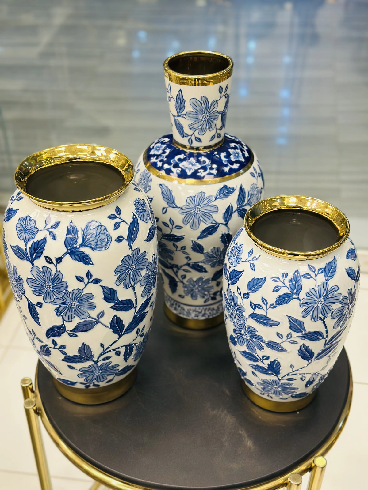 Classic Blue & White Floral Porcelain Vases with Gold Rim (Set of 3)