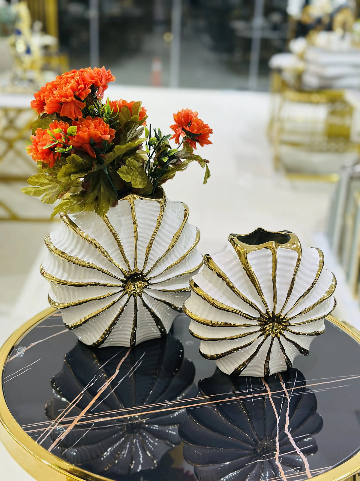 Pair of Geometric Fluted White & Gold Starburst Sculptural Ceramic Vases
