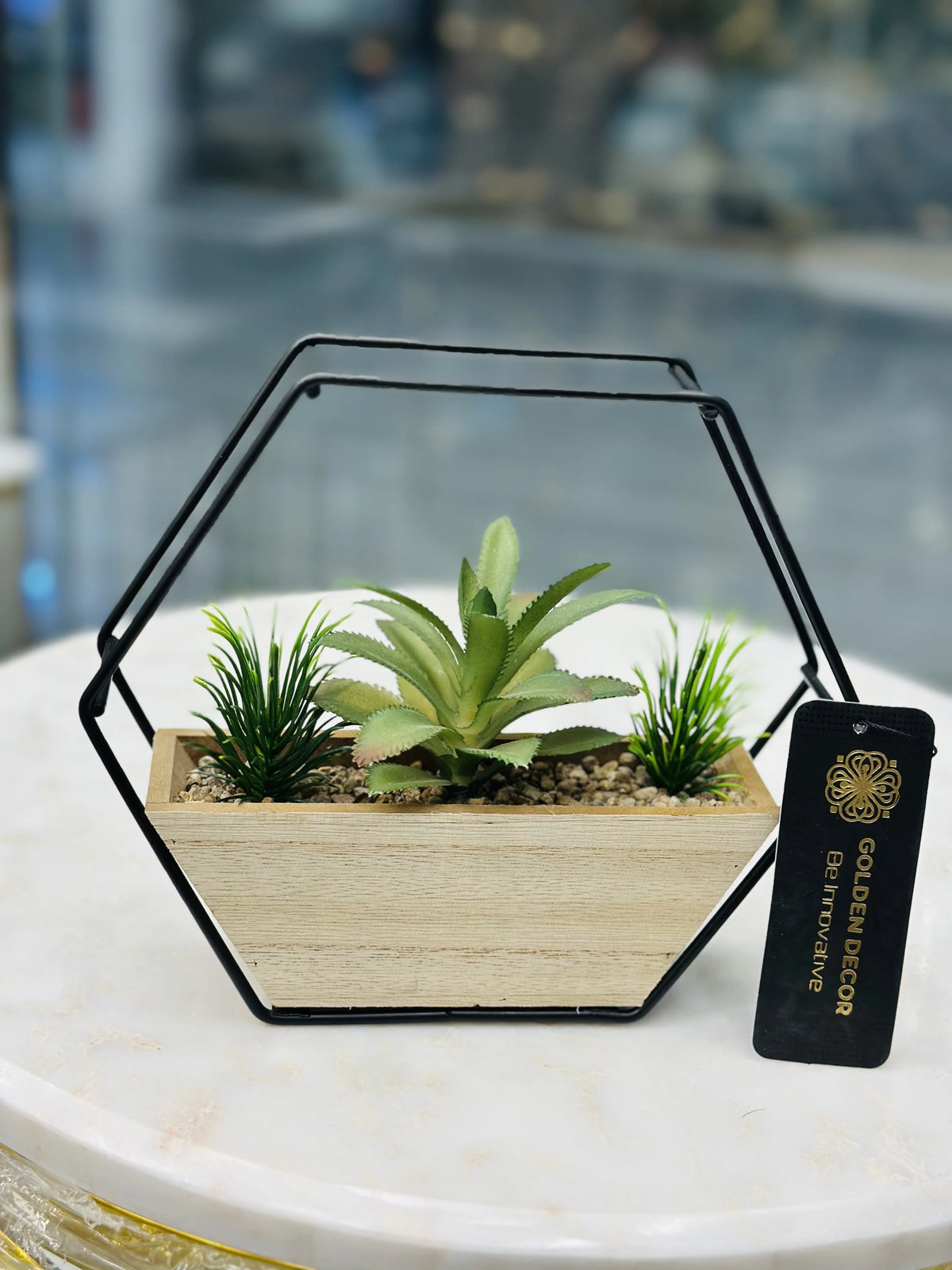 Geometric Hexagon Metal Frame Wooden Succulent Planter