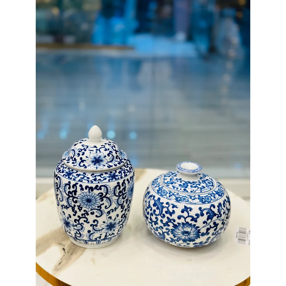 Classic Blue & White Porcelain Ginger Jars with Floral Motif (Set of 2)