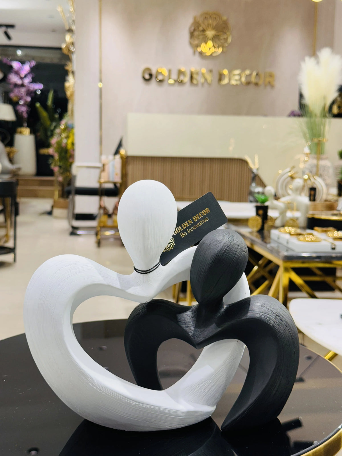 Modern Abstract Interlocking Heart Couple Figurine Sculpture (Black & White)