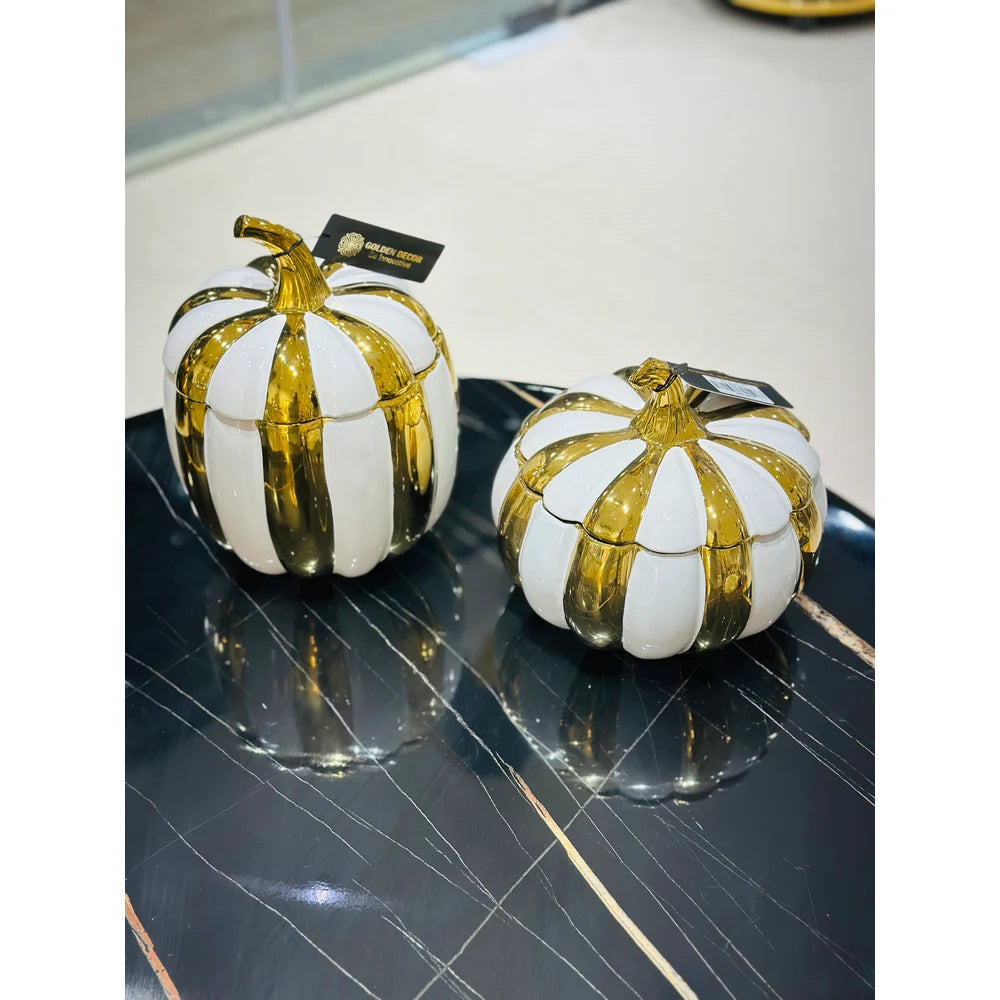 Luxury Gold & White Ceramic Pumpkin Jars Set (Set of 2)