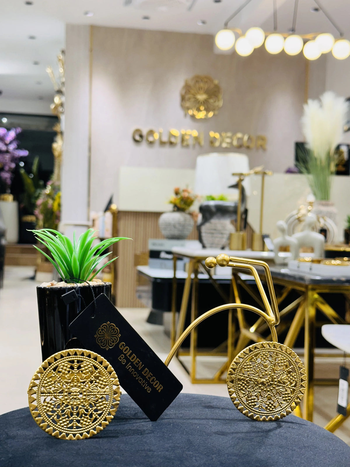 Luxury Golden Filigree Bicycle Planter Figurine with Potted Succulent