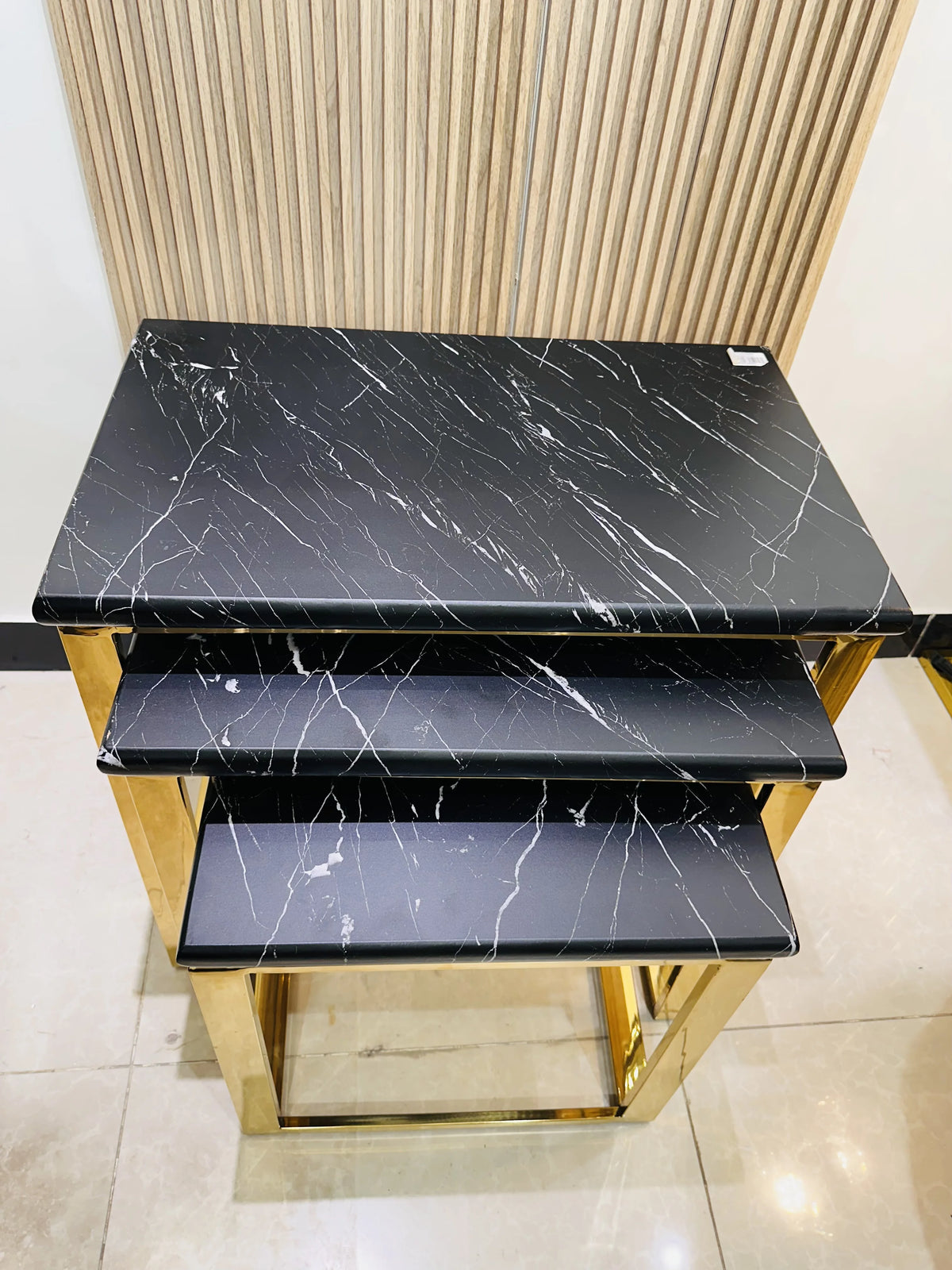 Modern Luxury Set of 3 Black Marquina Marble Nesting Tables with Gold Legs