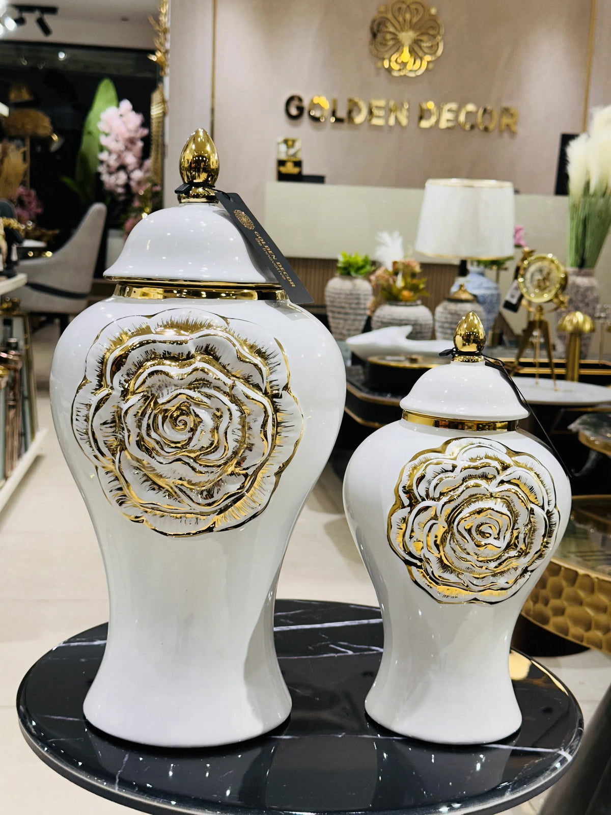 Pair of Luxury White & Gold Rose Ceramic Temple Ginger Jars with Lids