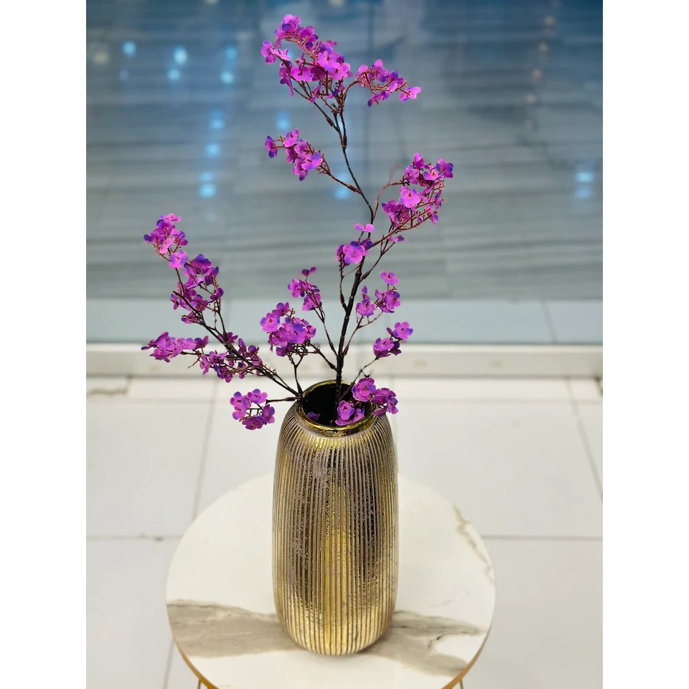 Royal Purple Cherry Blossom Floral Branches in Fluted Gold Ceramic Vase