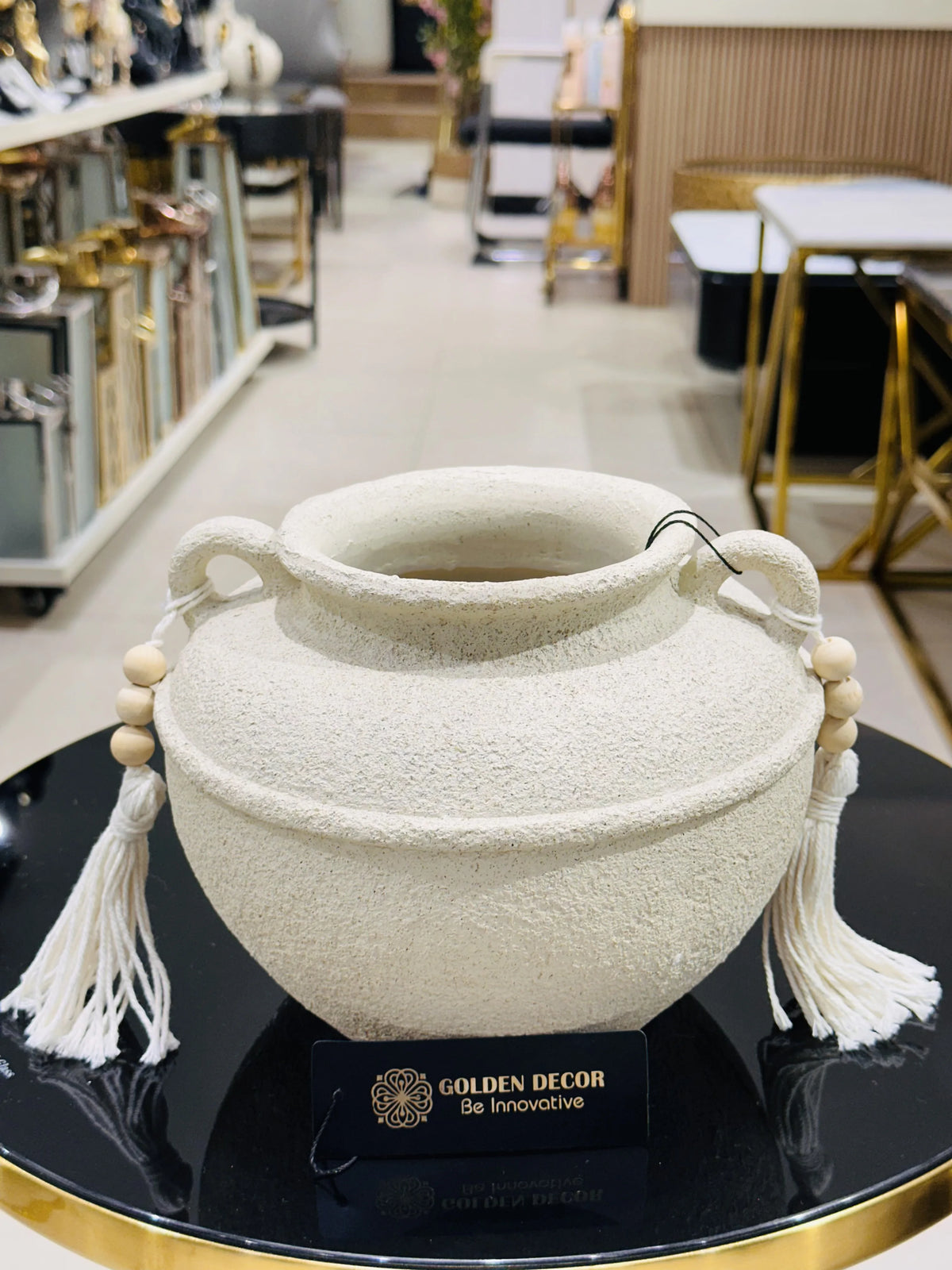 Rustic Mediterranean Textured Ceramic Wide-Mouth Bowl Pot with Tassels