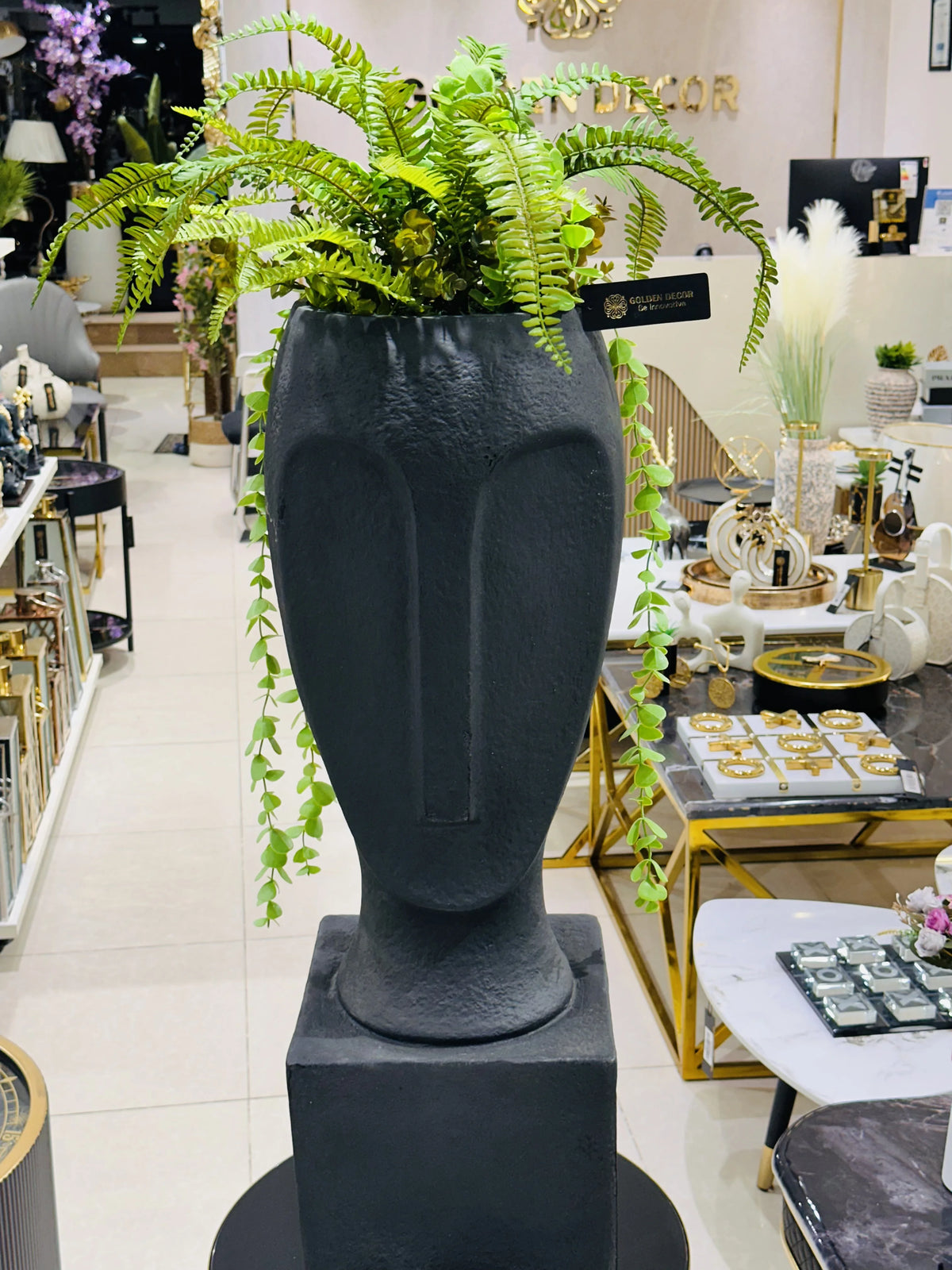 Large Nordic Matte Black Abstract Face Bust Pedestal Planter Sculpture