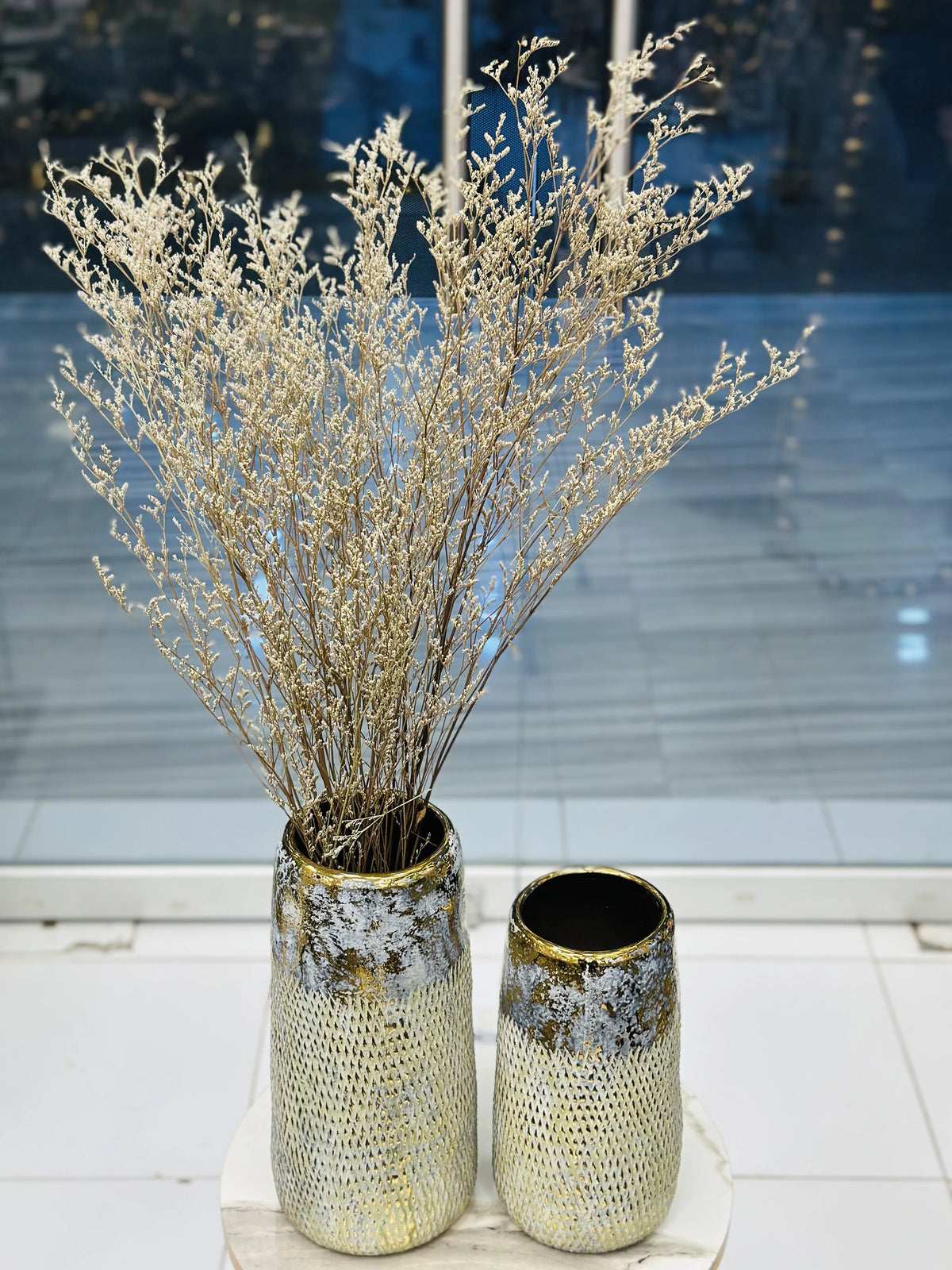 Pair of Textured Champagne Gold Ceramic Vases with Dried Botanicals