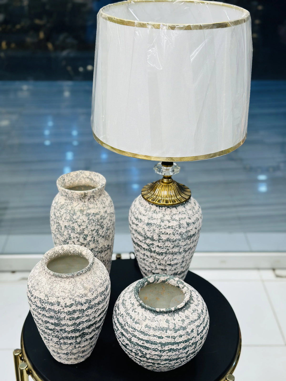 Rustic Textured Ceramic Table Lamp & Matching Urn Vase Set