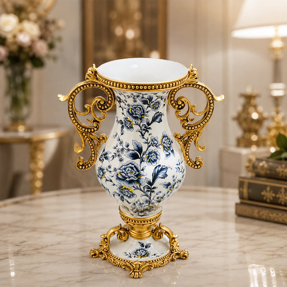 Luxury Blue Floral &amp; Gold Decorative Vase