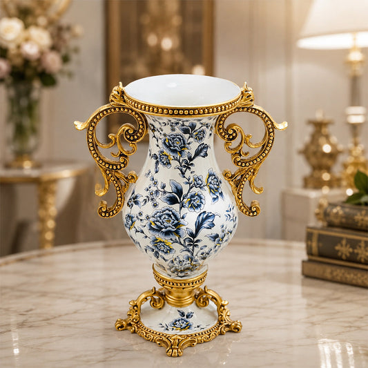 Luxury Blue Floral &amp; Gold Decorative Vase