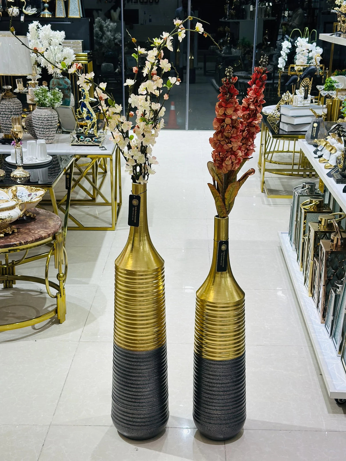 Pair of Modern Tall Fluted Gold & Charcoal Floor Vases with Silk Stems