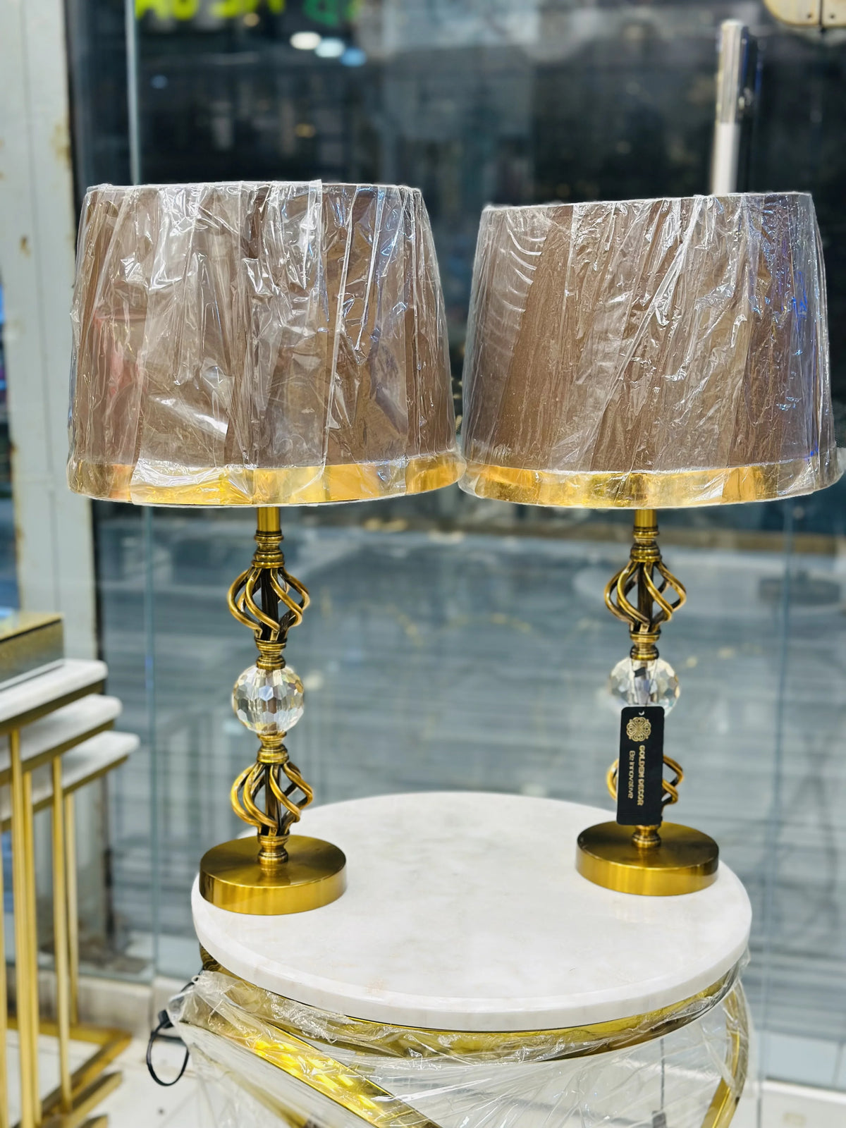 Pair of Luxury Gold Twisted Cage & Crystal Globe Table Lamps
