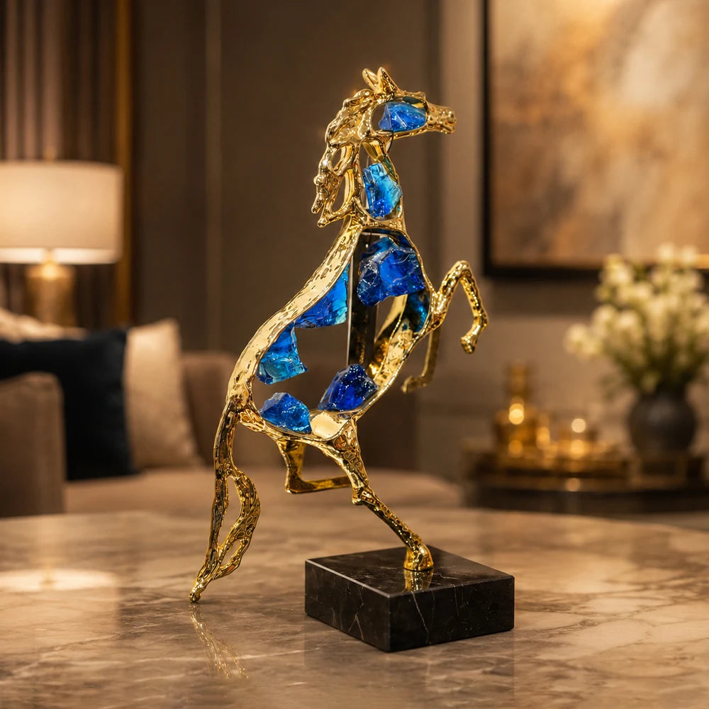 Luxury Gold & Sapphire Blue Crystal Rearing Horse Sculpture