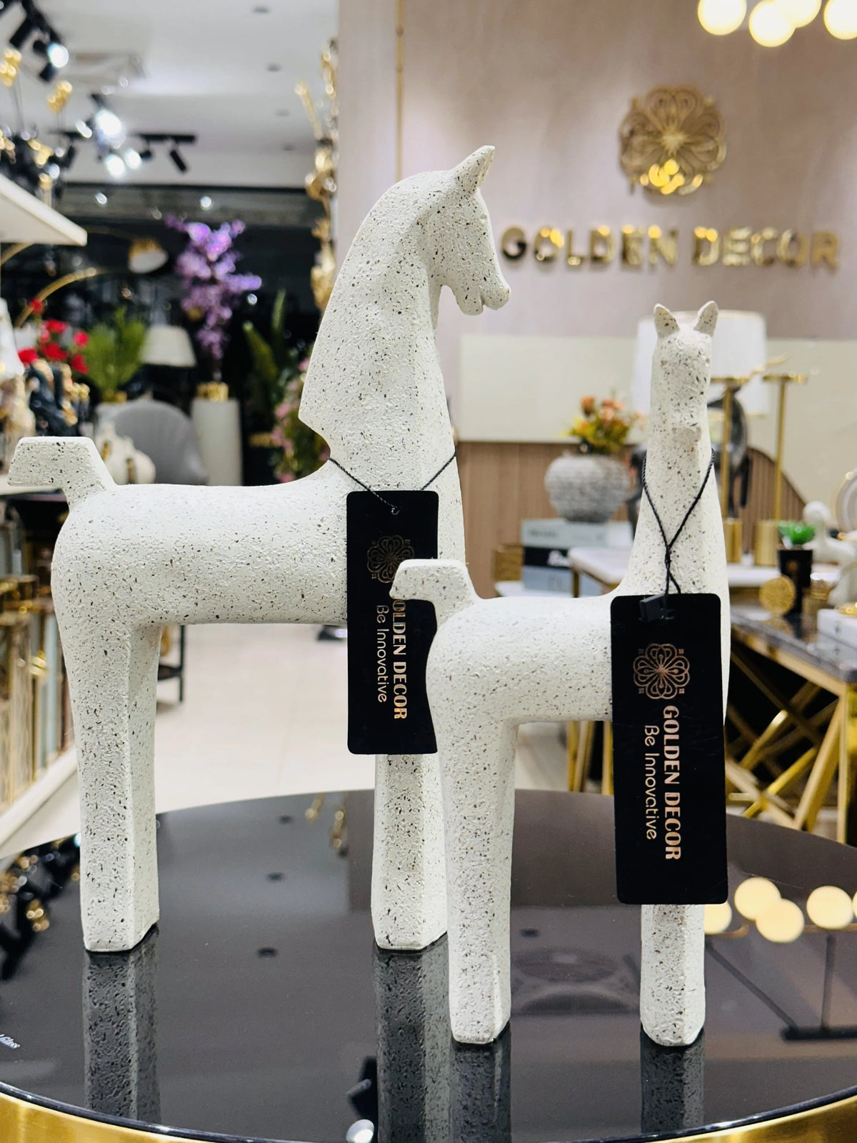 Pair of Modern Minimalist Nordic Speckled White Horse Sculptures