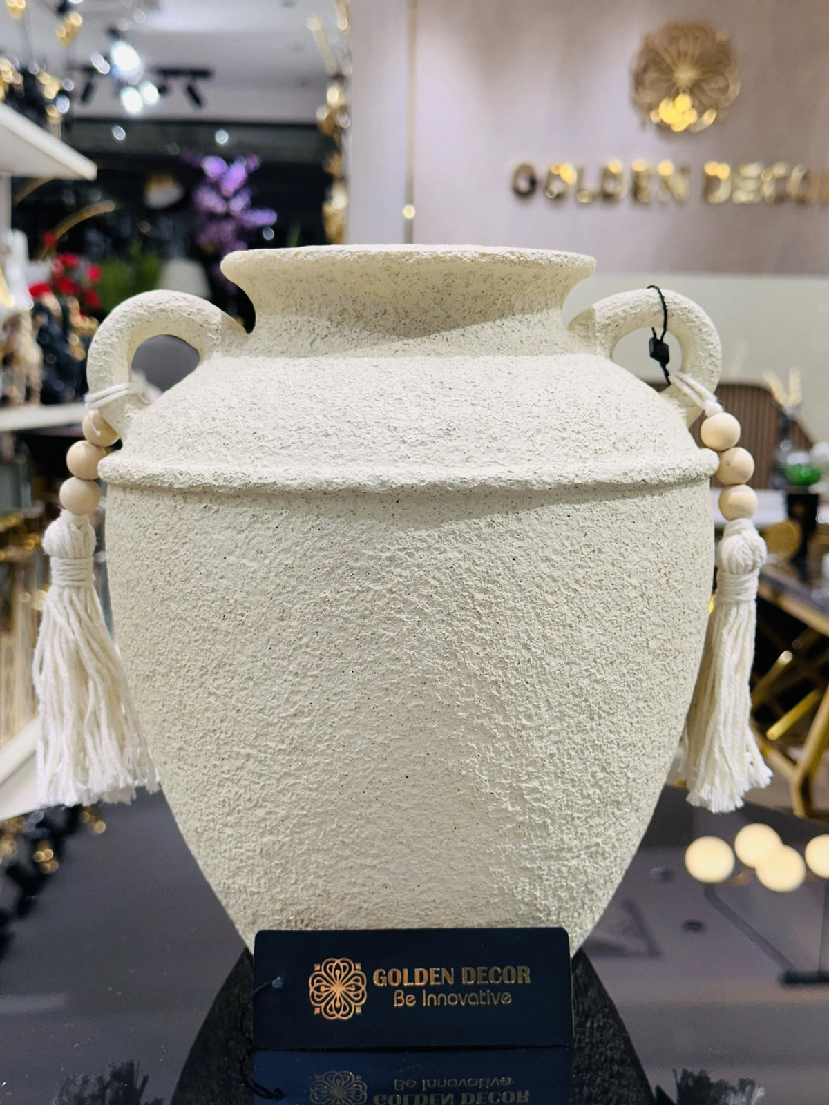 Rustic Mediterranean Textured Ceramic Amphora Urn Vase with Tassels