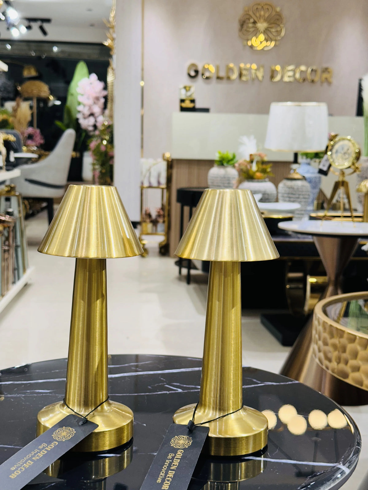 Pair of Modern Brushed Brass Cordless Rechargeable LED Table Lamps