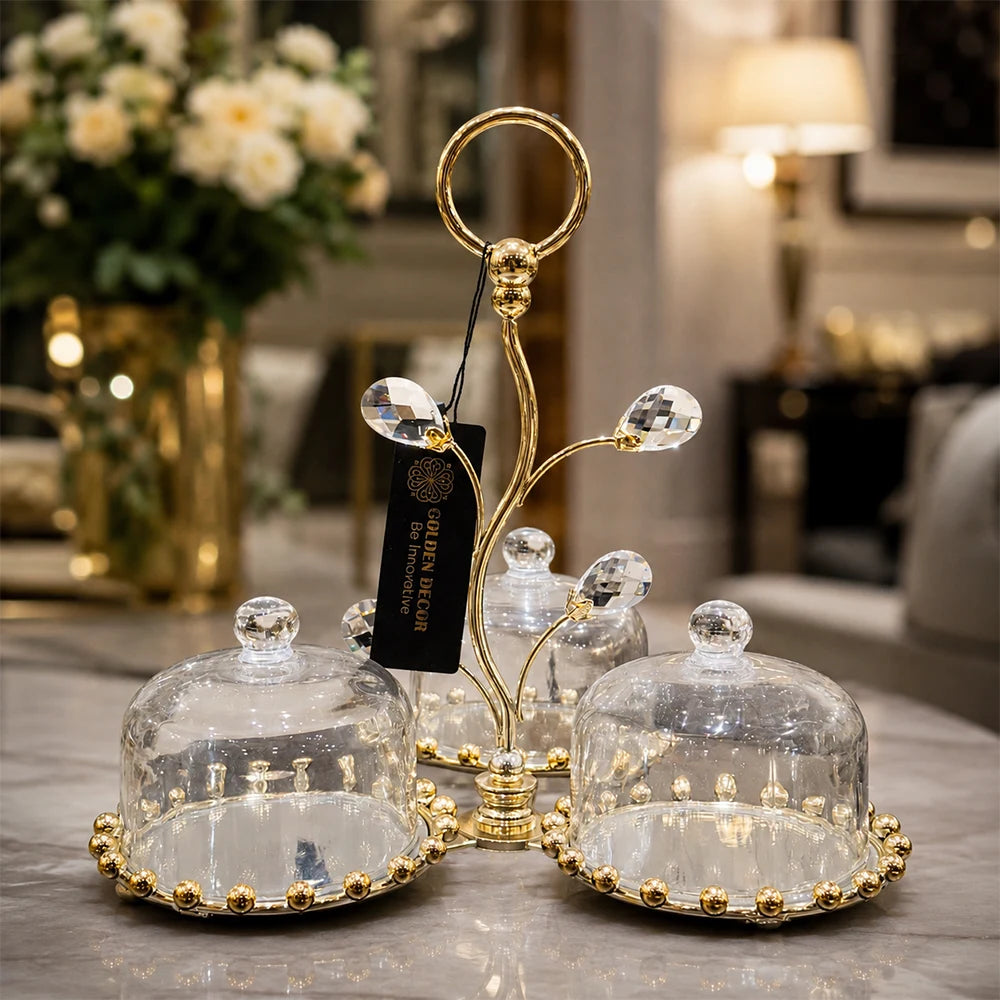 Luxury 3-Tier Crystal & Gold Cloche Dome Serving Tray