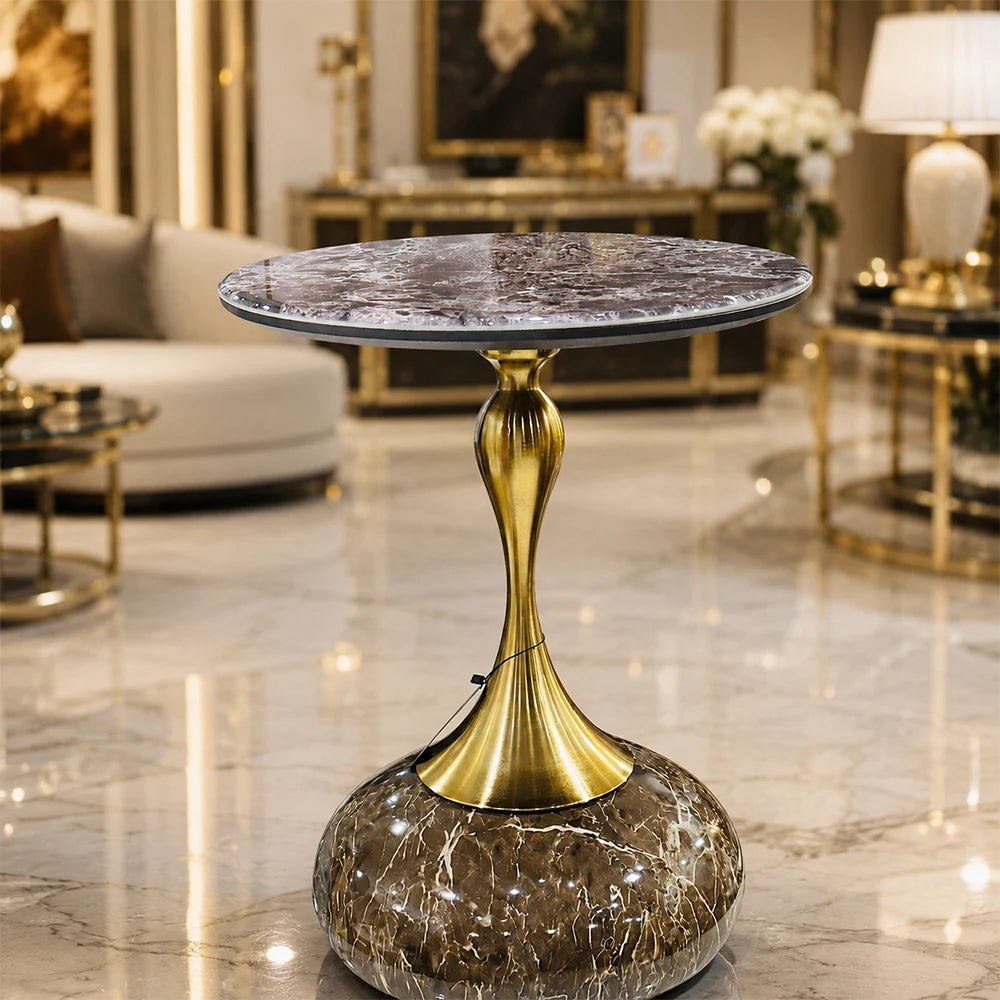 Luxury Round Marble Top Accent Side Table with Brass Pedestal Base