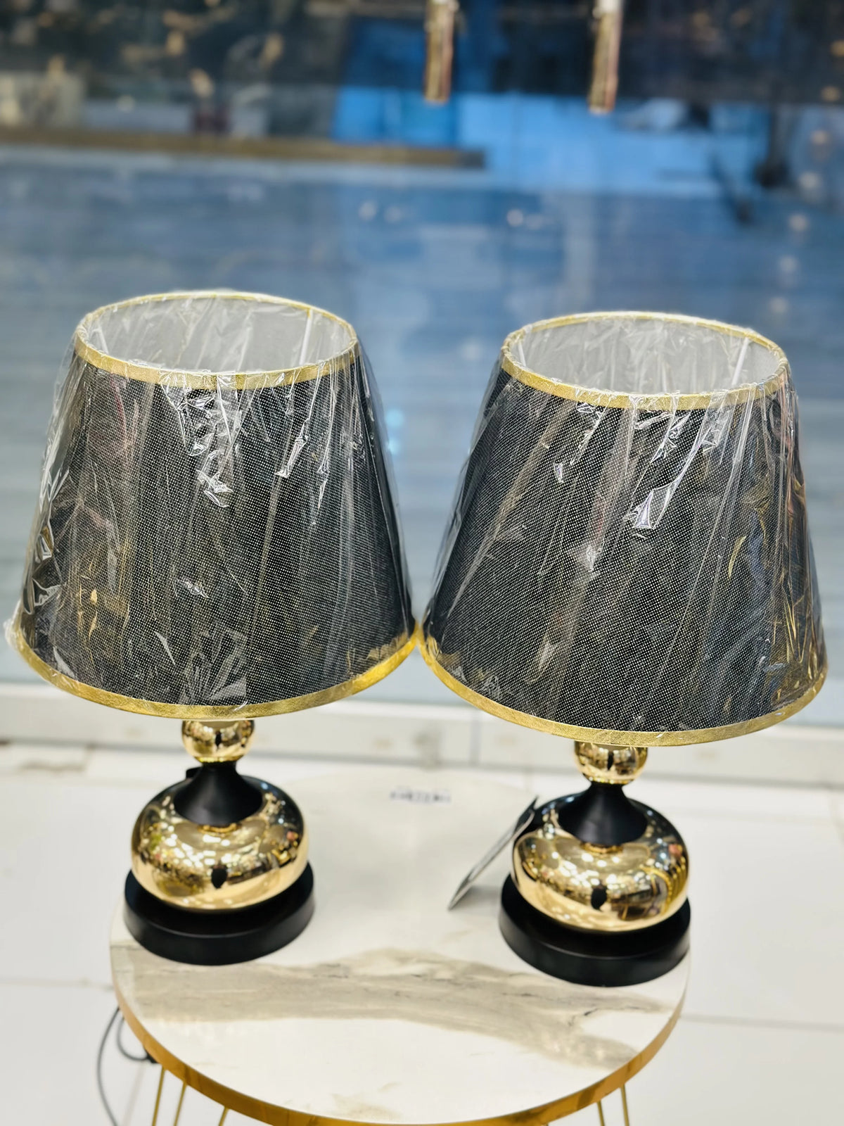 Pair of Luxury Modern Black & Mirror Gold Globe Table Lamps
