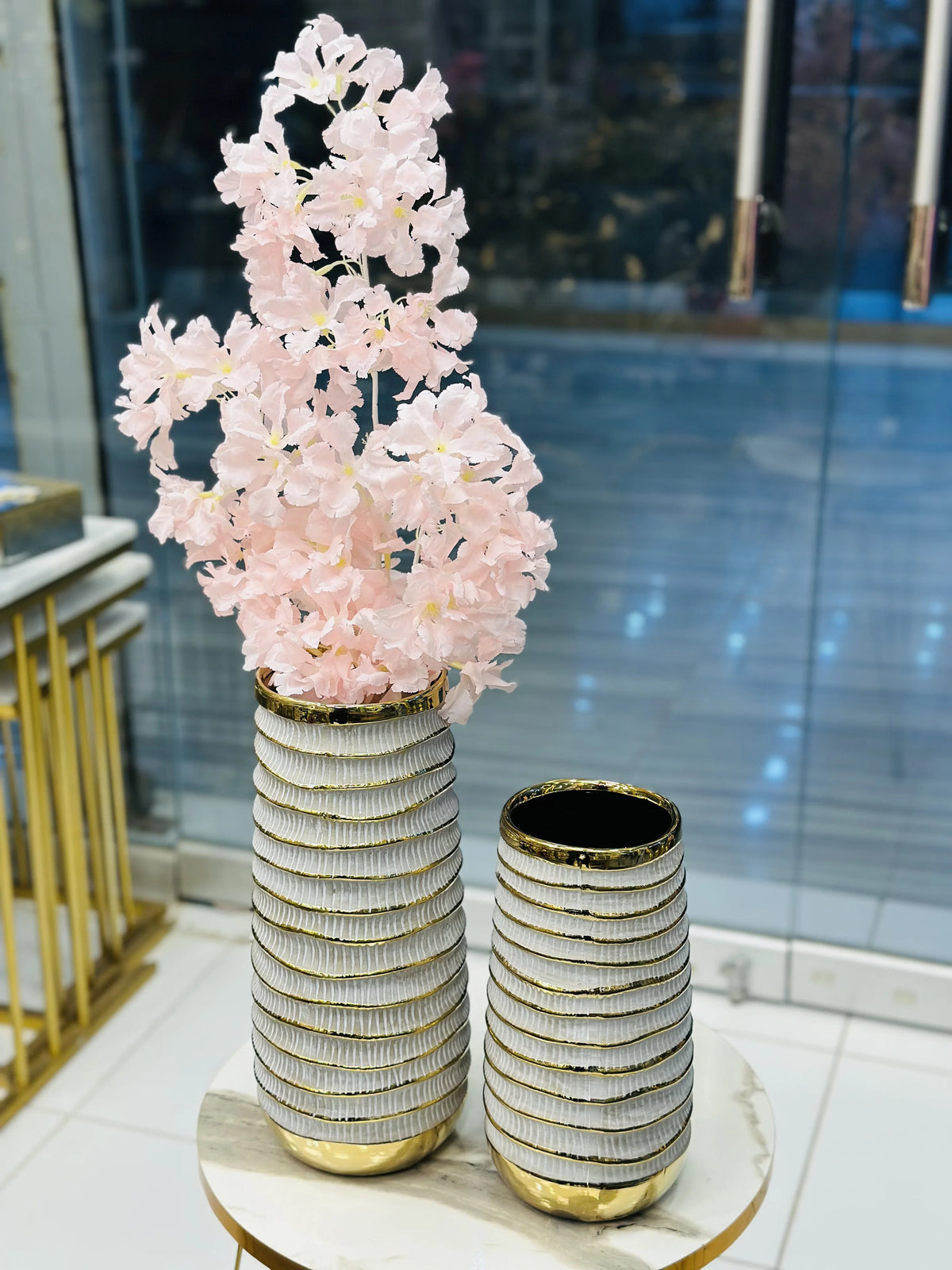 Pair of Ribbed White Ceramic & Gold Vases with Blush Pink Cherry Blossoms