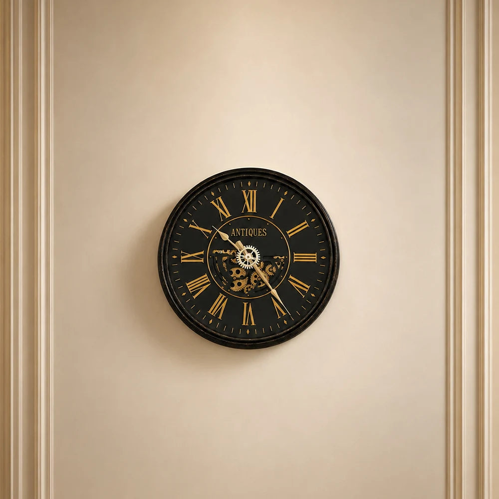 Vintage Antique Roman Numeral Wall Clock with Exposed Brass Gears