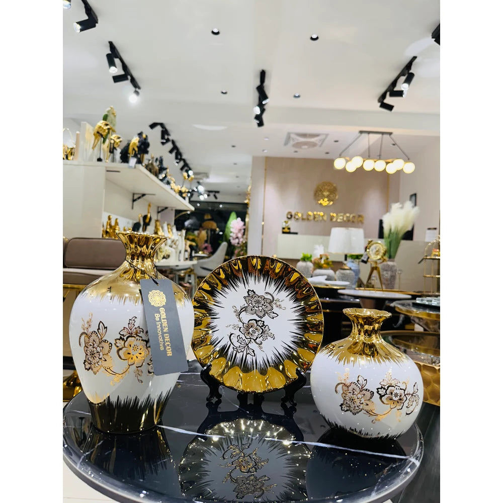 Royal White & Gold Floral Ceramic Vase & Decorative Plate (3-Piece Set)