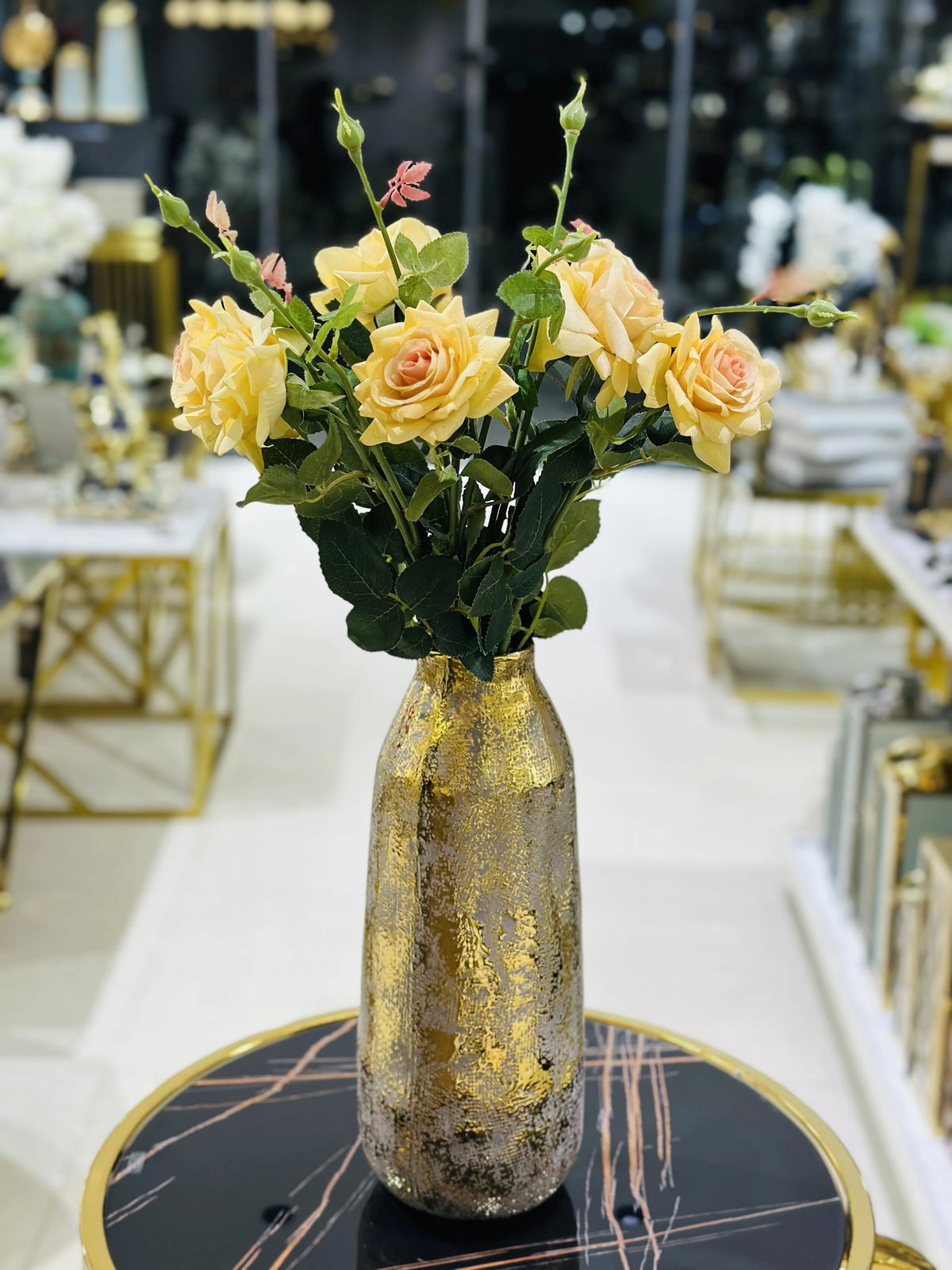Luxury Textured Metallic Gold Tapered Vase with Silk Yellow Roses