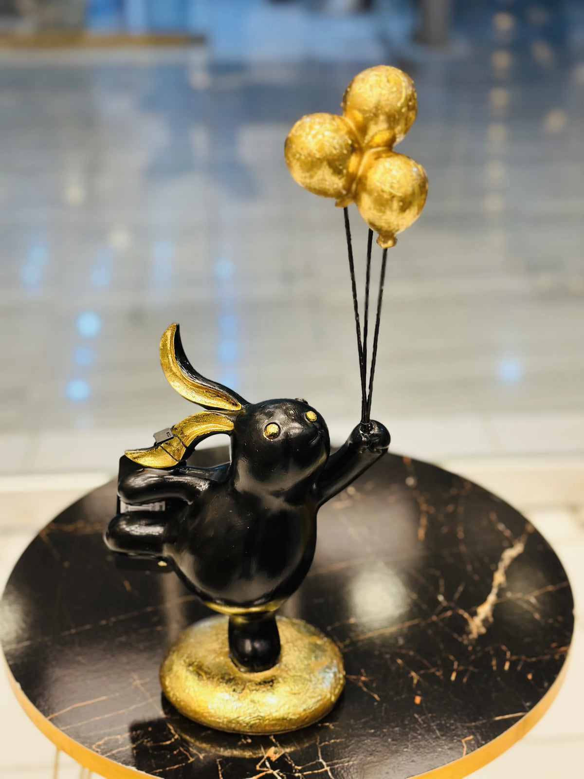 Whimsical Matte Black & Gilded Gold Balloon Bunny Sculpture