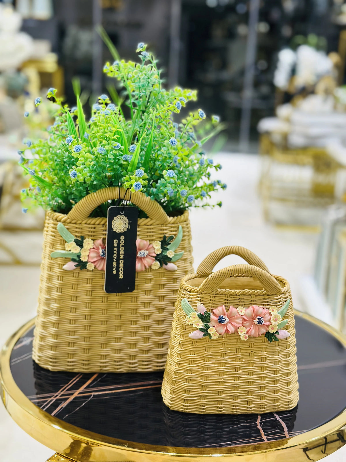Pair of Pastoral Hand-Woven Basket Planters with 3D Floral Applique