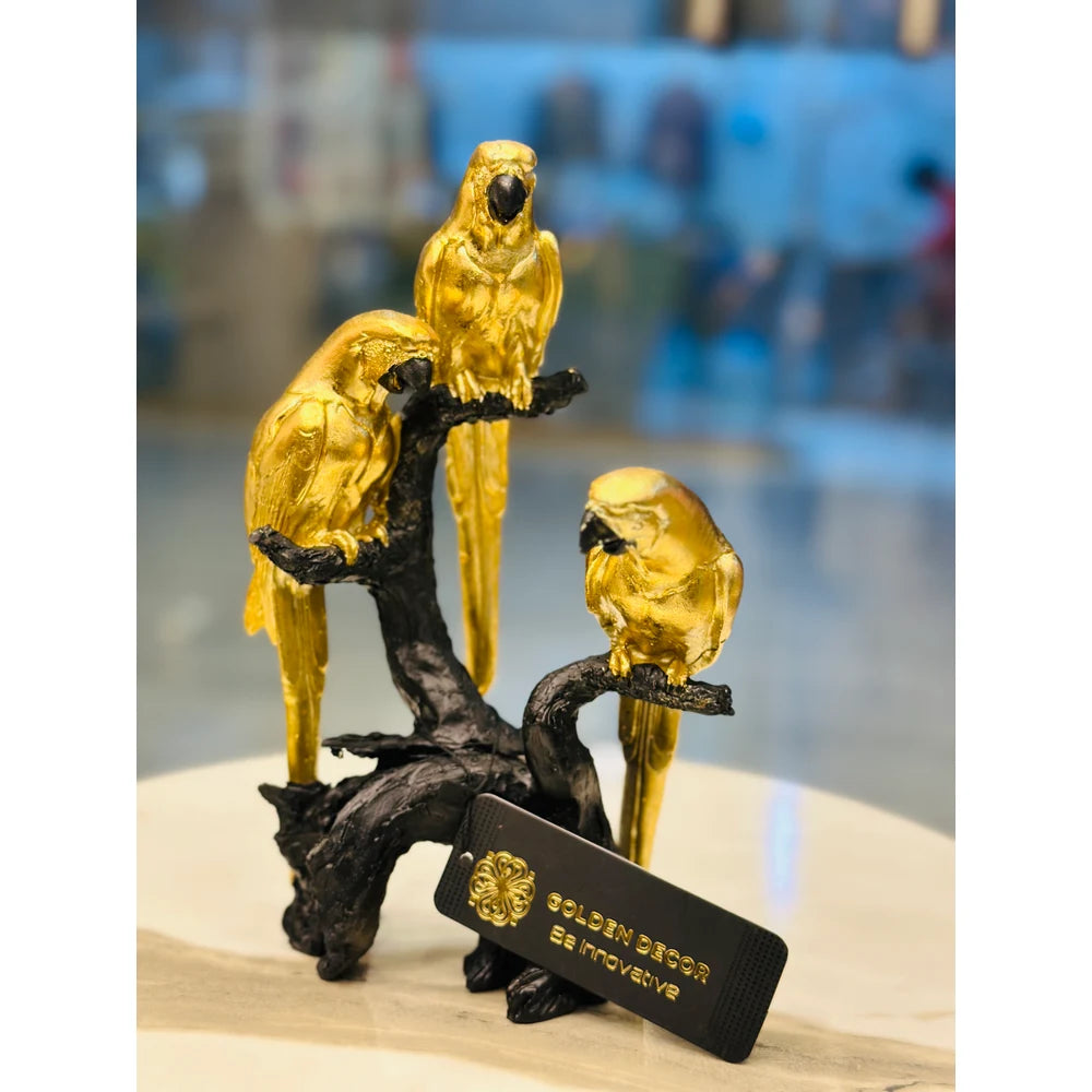 Luxury Golden Trio Parrots on Tree Branch Figurine